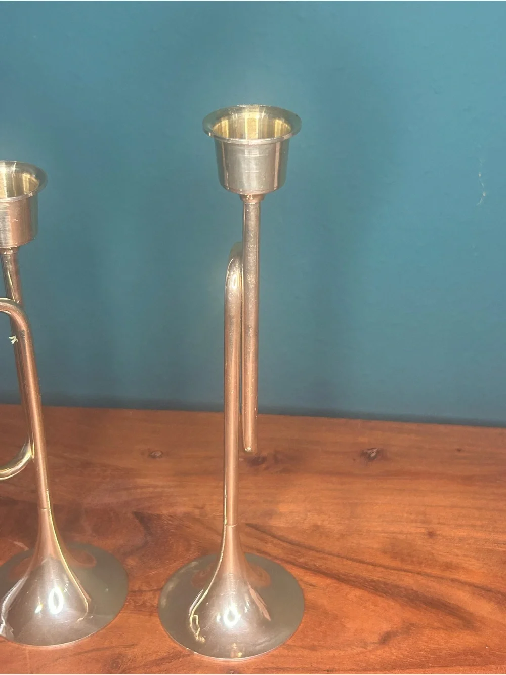 Set of 2 Metallic Brass Trumpet Candle Holders
